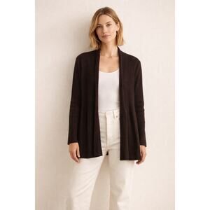 Eileen Fisher Wool Ribbed Open Cardigan Sweater Brown Medium